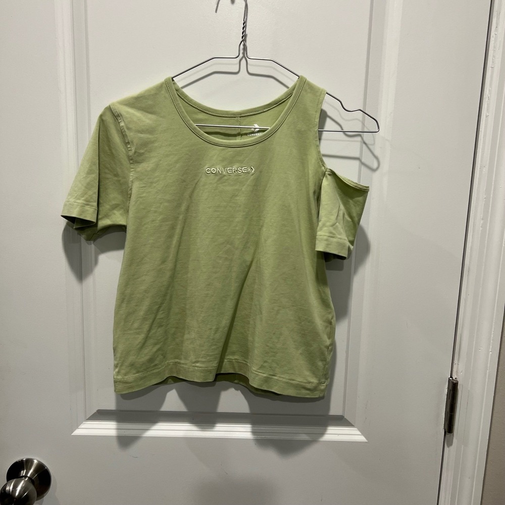 Converse Women T-Shirt Cold Shoulder Logo Sage Green Size S